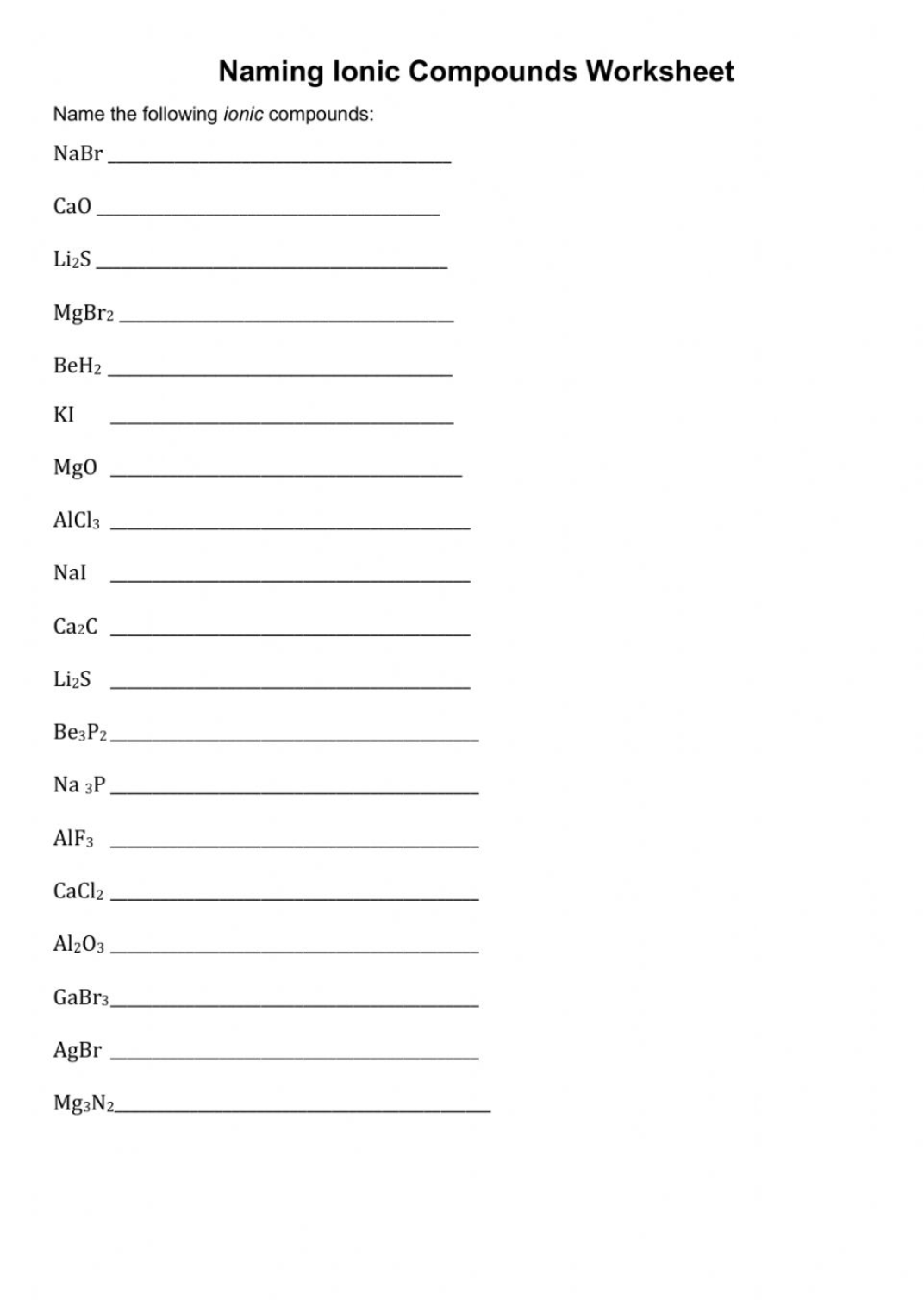 Naming Ionic Compound Worksheets