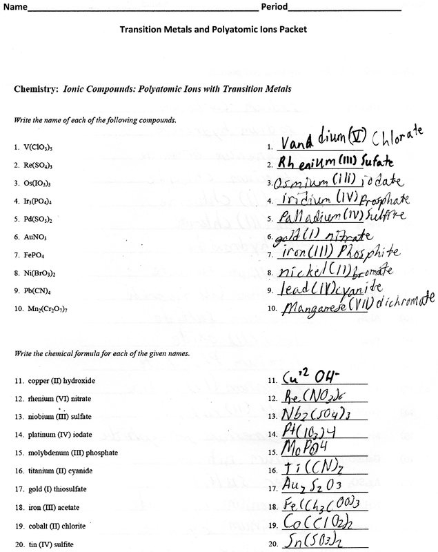 Ionic Compounds Containing Transition Metals Worksheet 4 Answers