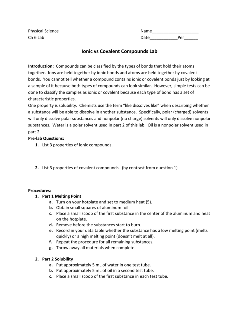 Bestseller Answers To Ionic And Covalent Bond Lab