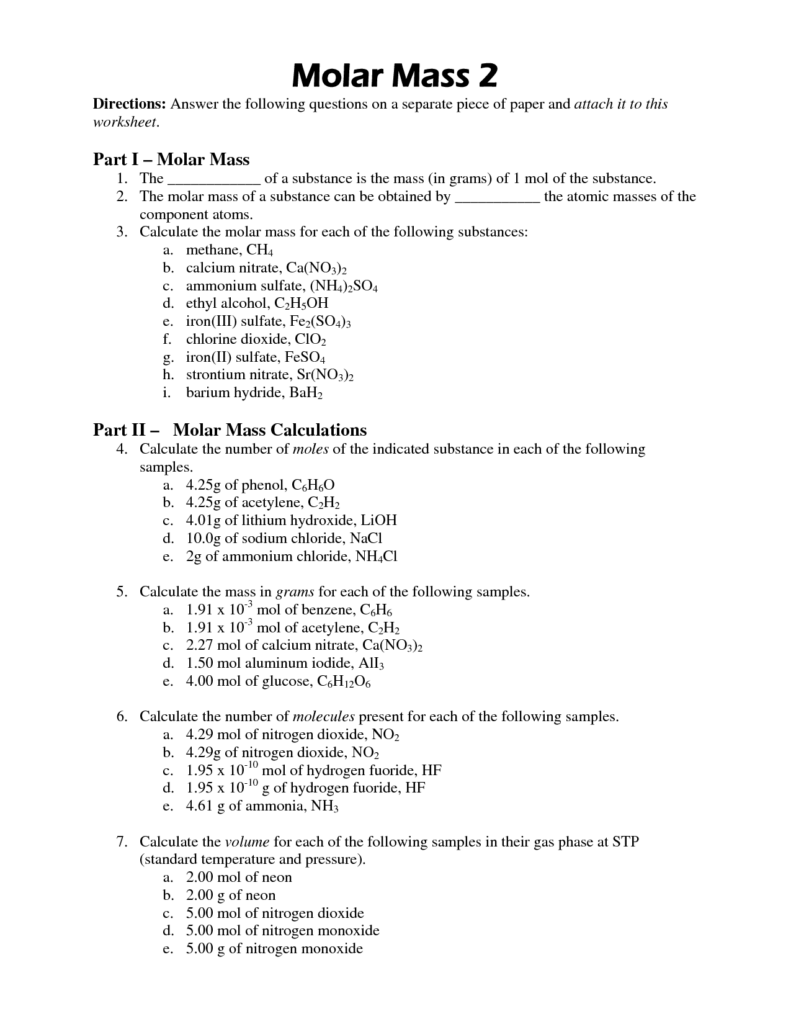 Calculating Molar Mass Worksheet With Answers Nidecmege