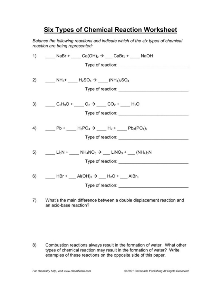 Chemfiesta Chemistry Balancing Chemical Equations Worksheet Answer Key