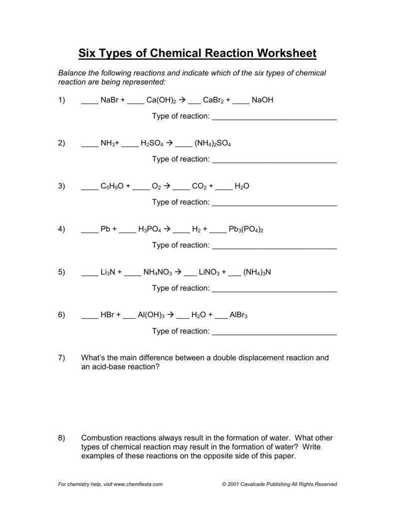 Chemfiesta Chemistry Balancing Chemical Equations Worksheet Answer Key 