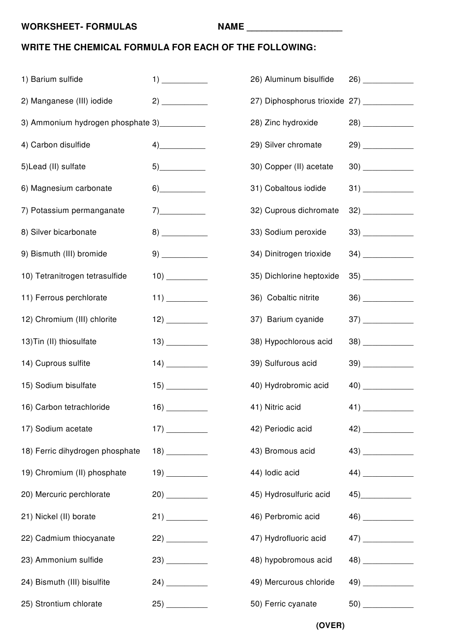 Chemical Formulas Worksheet Download Printable PDF Templateroller