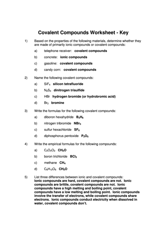 Covalent Compounds Worksheet Answer Key Template Printable Pdf Download