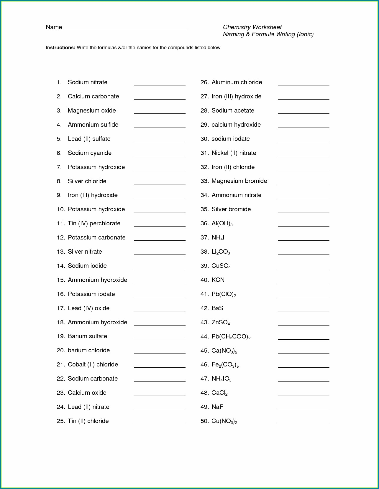 Covalent Compounds Worksheet Formula Writing And Naming Answer Key