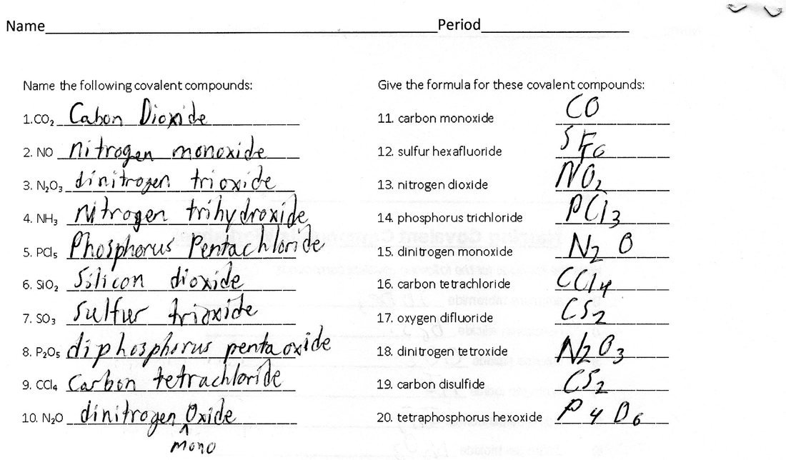 Covalent Compounds Worksheets Formula Writing And Naming Answers