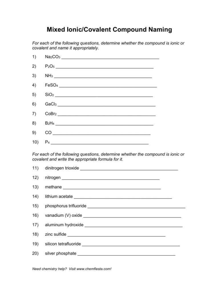 Mixed Ionic Covalent Compound Naming - CompoundWorksheets.com