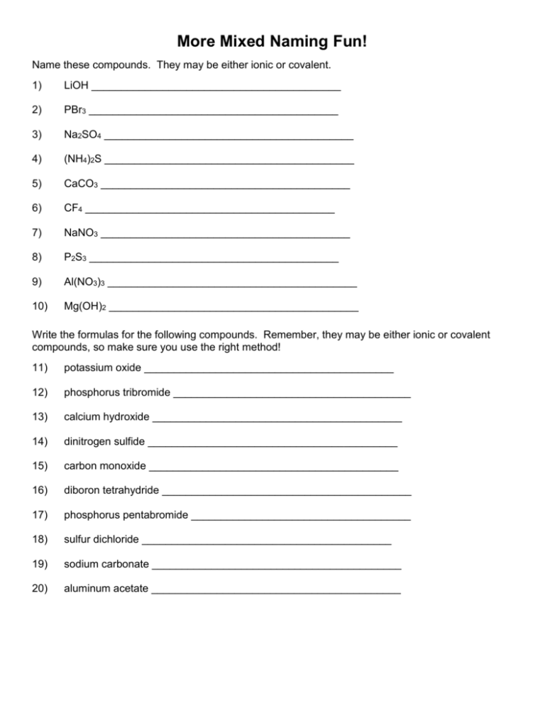 Mixed Naming Worksheet Answer Key Studying Worksheets