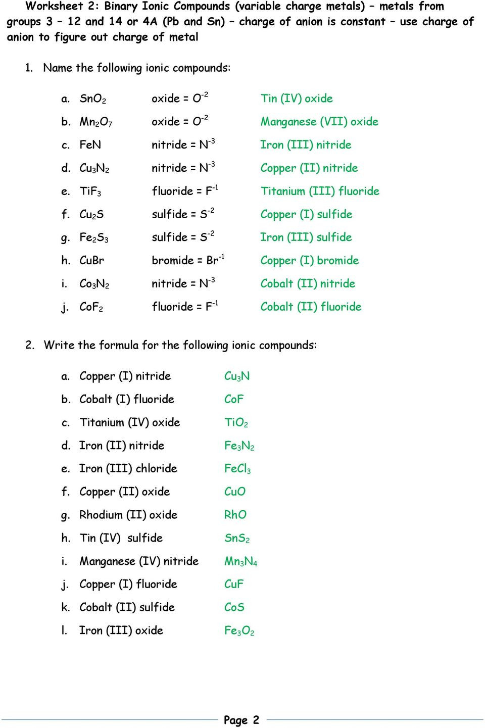 Naming Binary Compounds Covalent Worksheet Answer Key