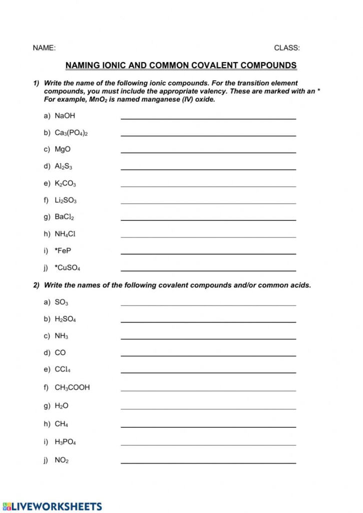 Naming Chemical Compounds Worksheet