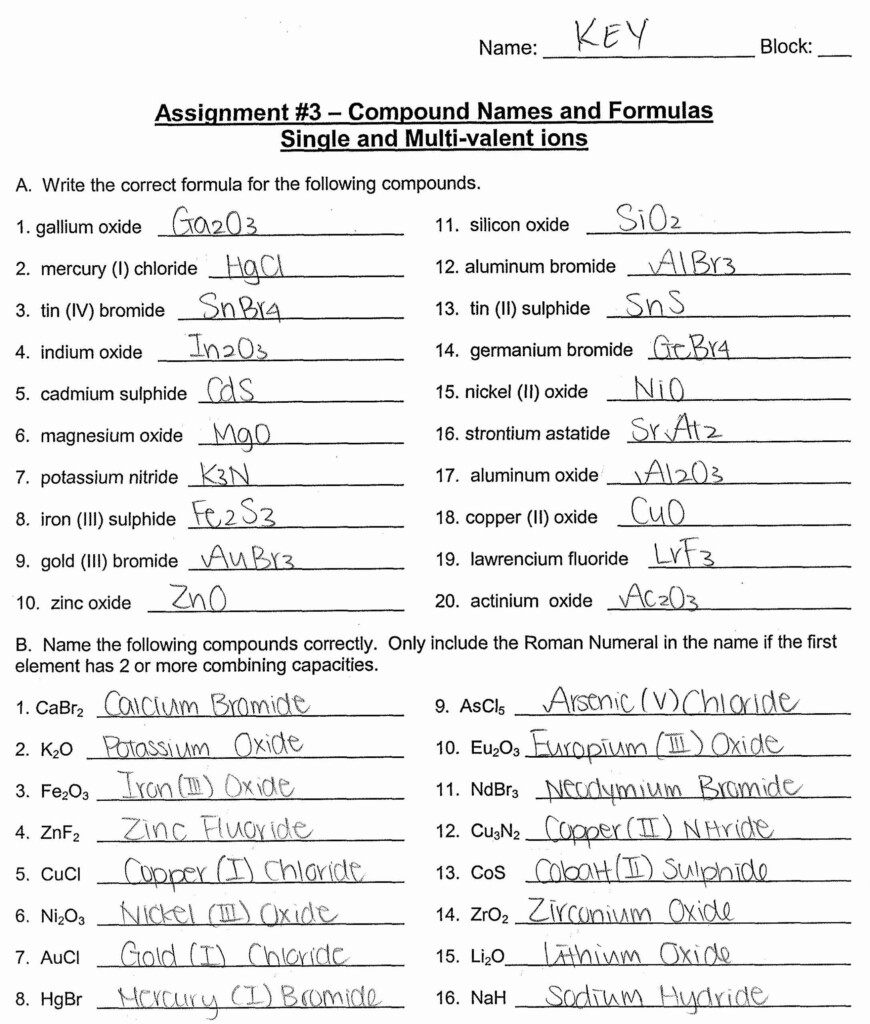 Naming Compounds Worksheet Answer Key Askworksheet
