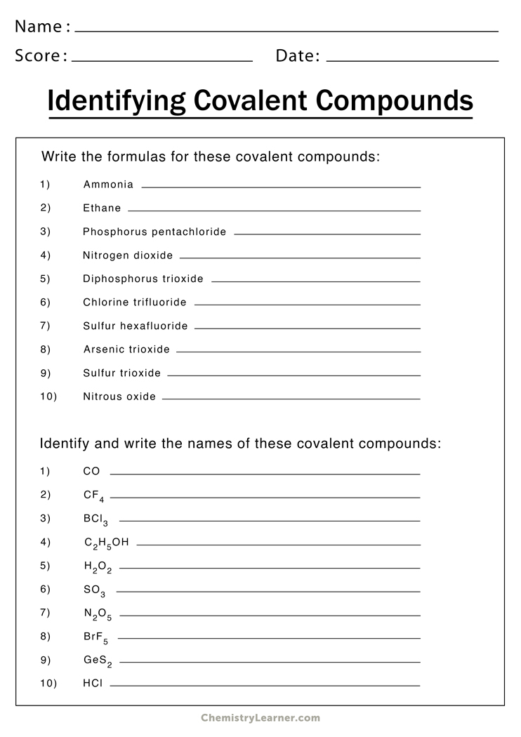 Naming Covalent Compounds Worksheets Free Printable