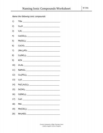 Naming Ionic Compounds Worksheet 1 Everett Community College