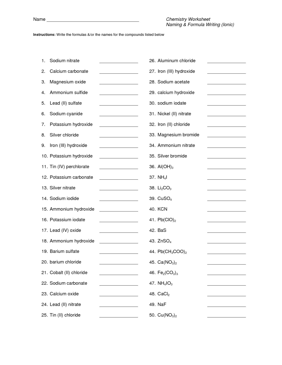 Naming Compounds And Molar Masses Worksheet - CompoundWorksheets.com