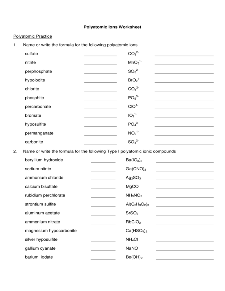 Polyatomic Ions Worksheet Sample Free Download