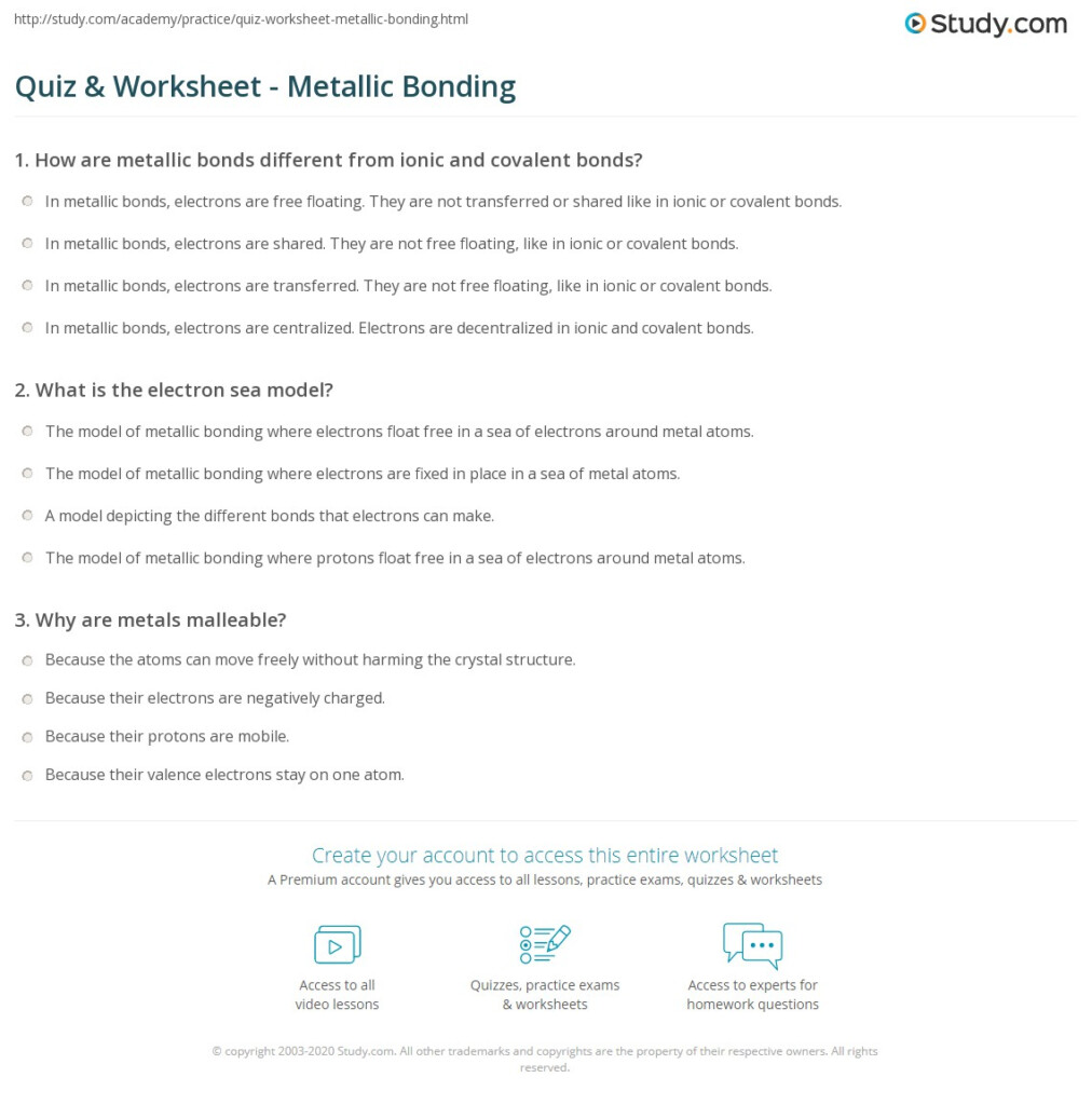 Quiz Worksheet Metallic Bonding Study