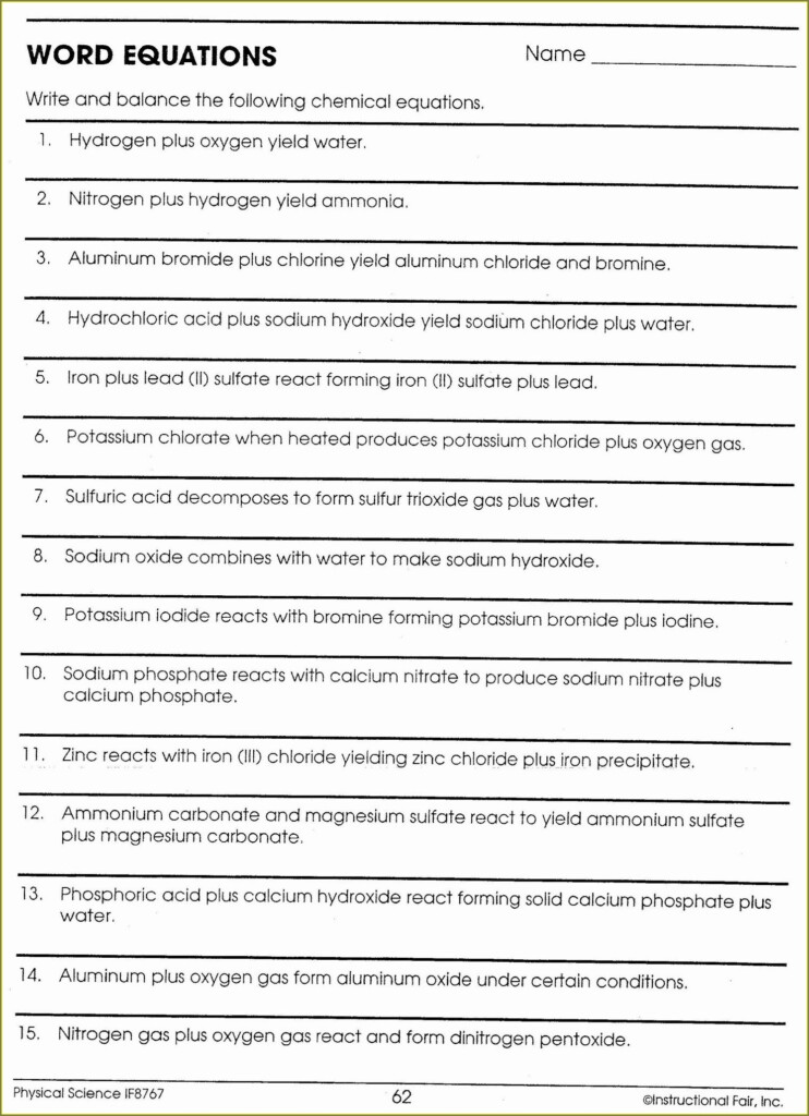 Worksheet On Word Equations Chemistry Uncategorized Resume Examples