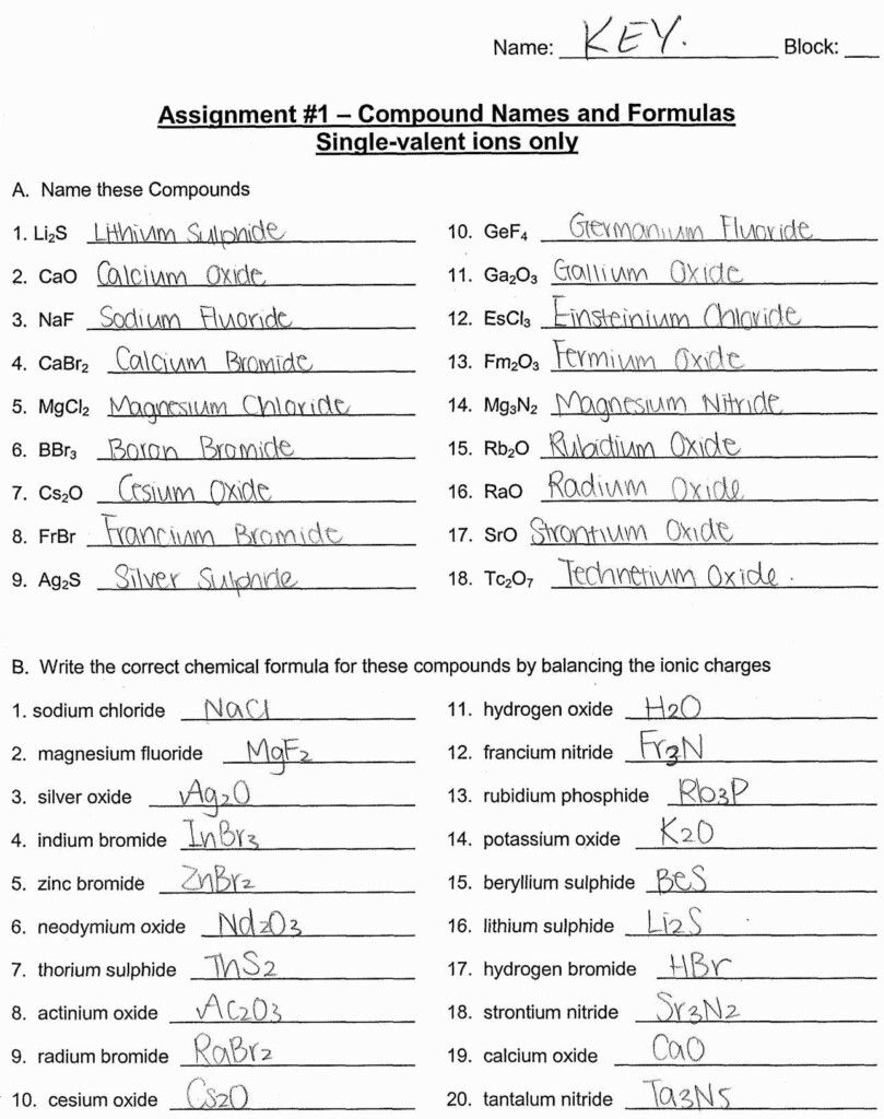 Writing And Naming Binary Compounds Worksheet Answer Key Db excel