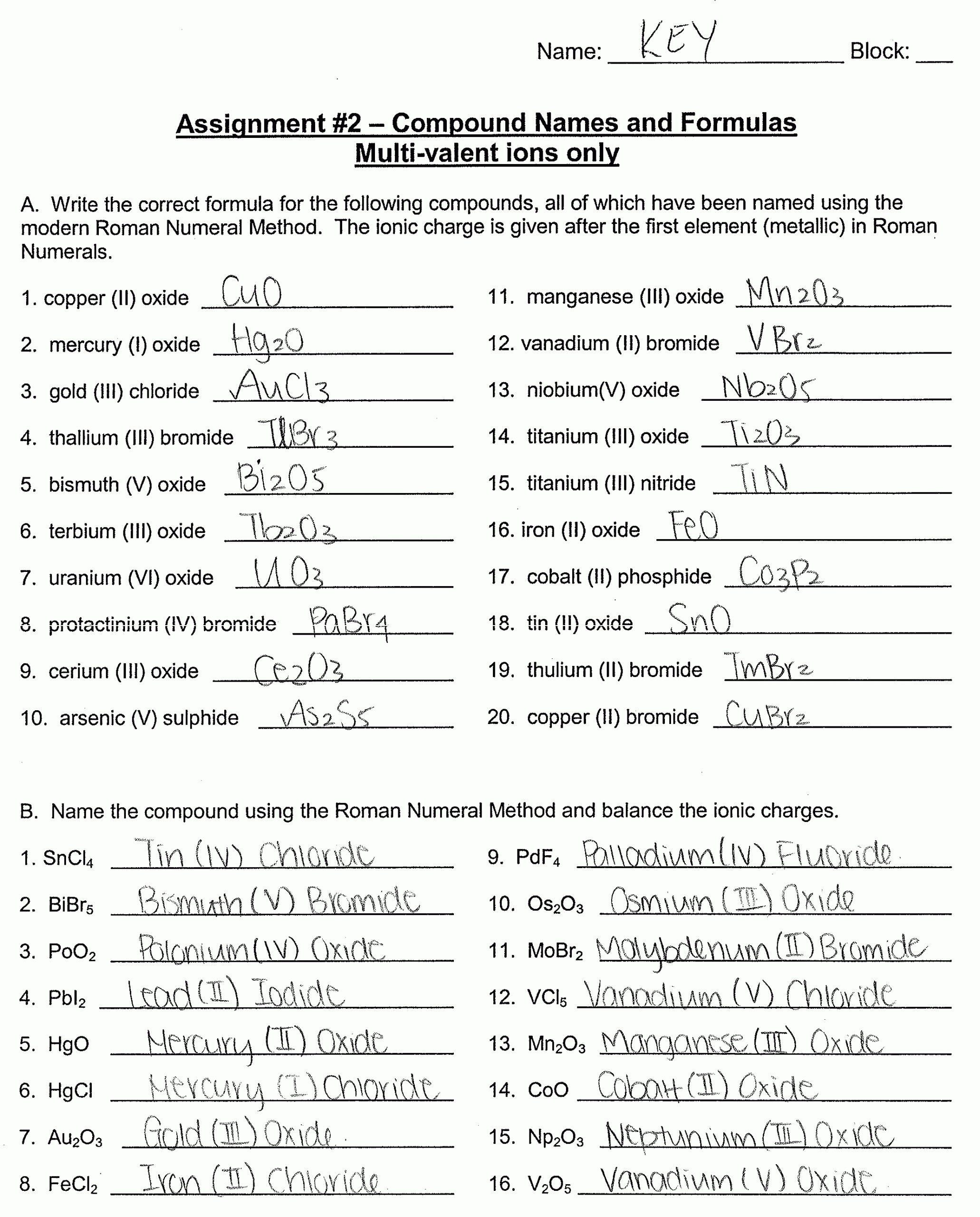 Writing Formulas Ionic Compounds Chem Worksheet 8 3 Answer Key 