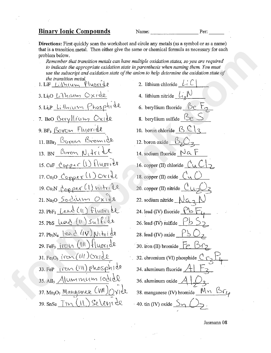 Binary Ionic Compounds Worksheet With Answers Printable Pdf Download