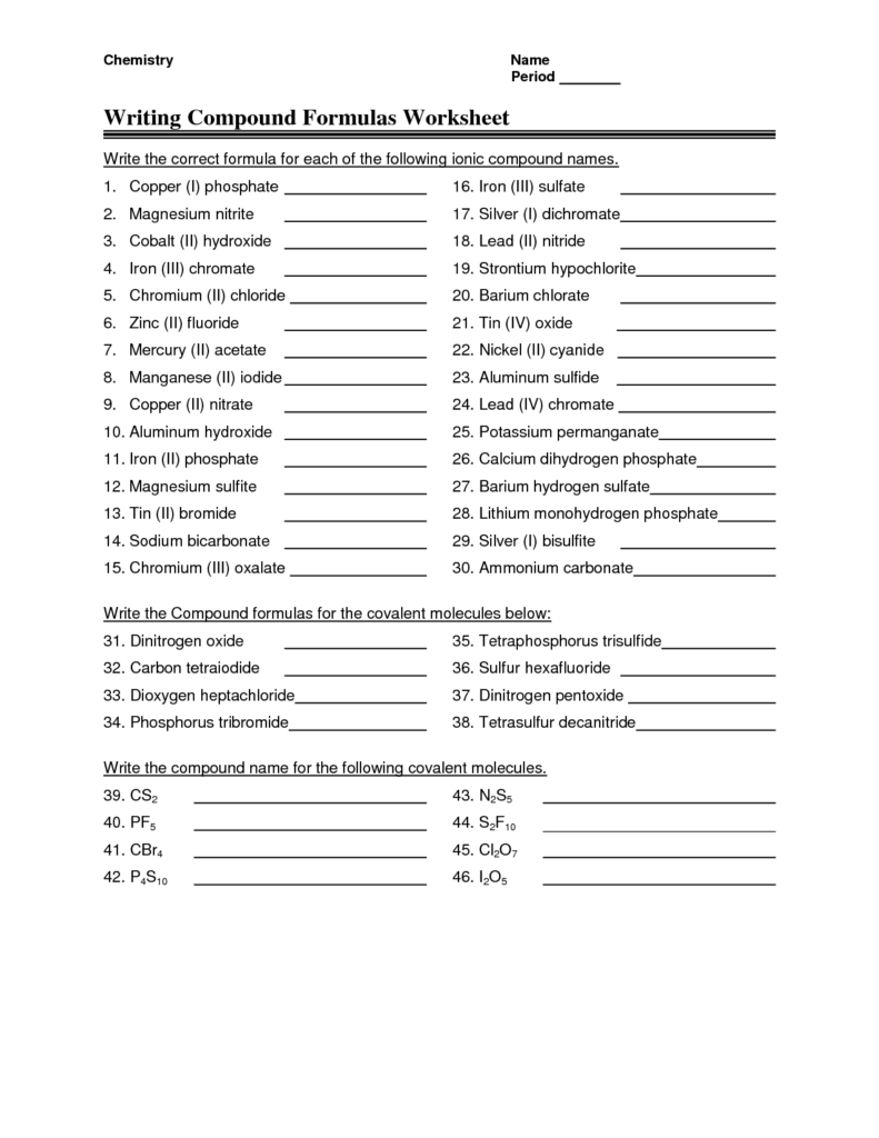Chemical Formulas Worksheets