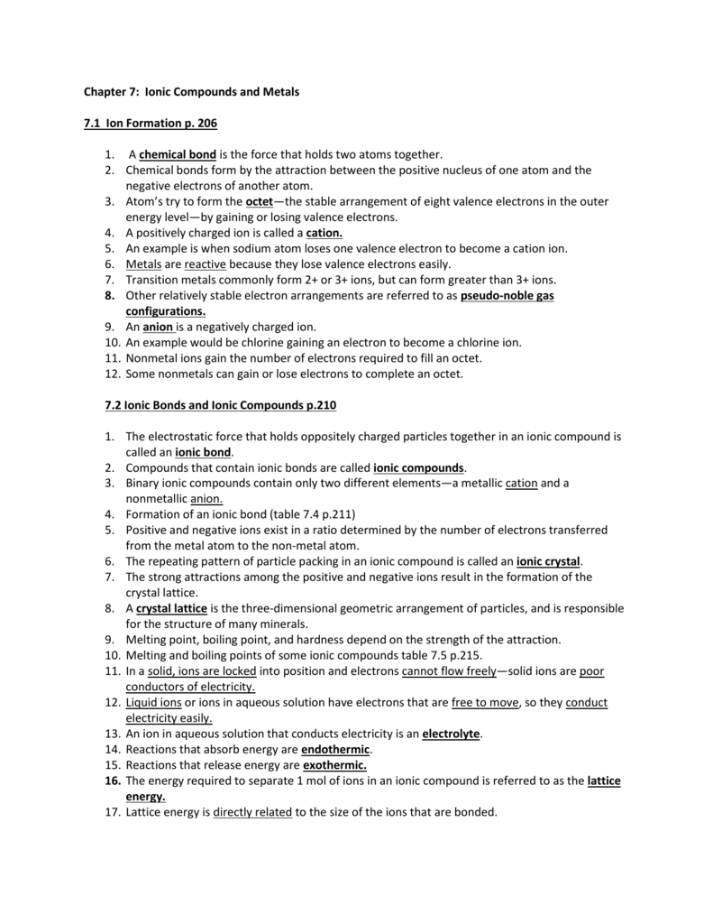 Chemistry Chapter 7 Ionic Compounds And Metals Student Worksheets