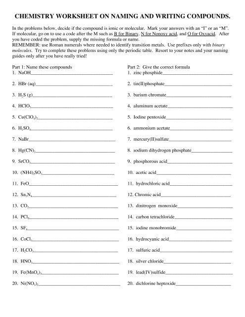 Chemistry Worksheet On Naming And Writing Compounds 