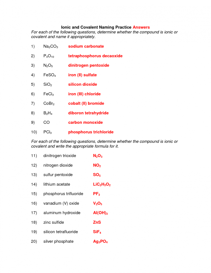 Covalent Compounds Worksheets Formula Writing And Naming Answers