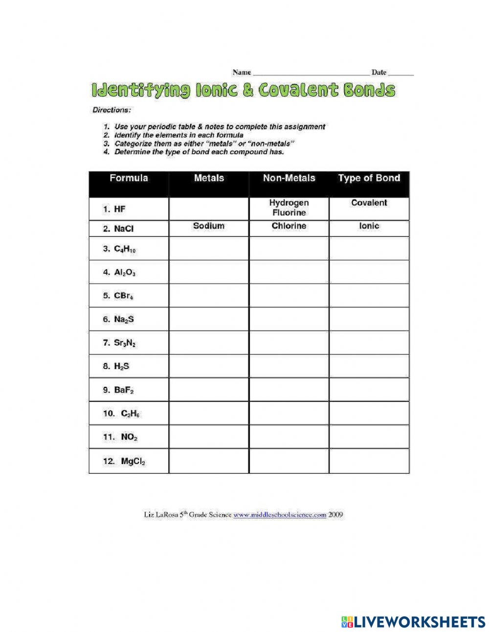 Ionic And Covalent Bonding Worksheet Worksheets For Home Learning