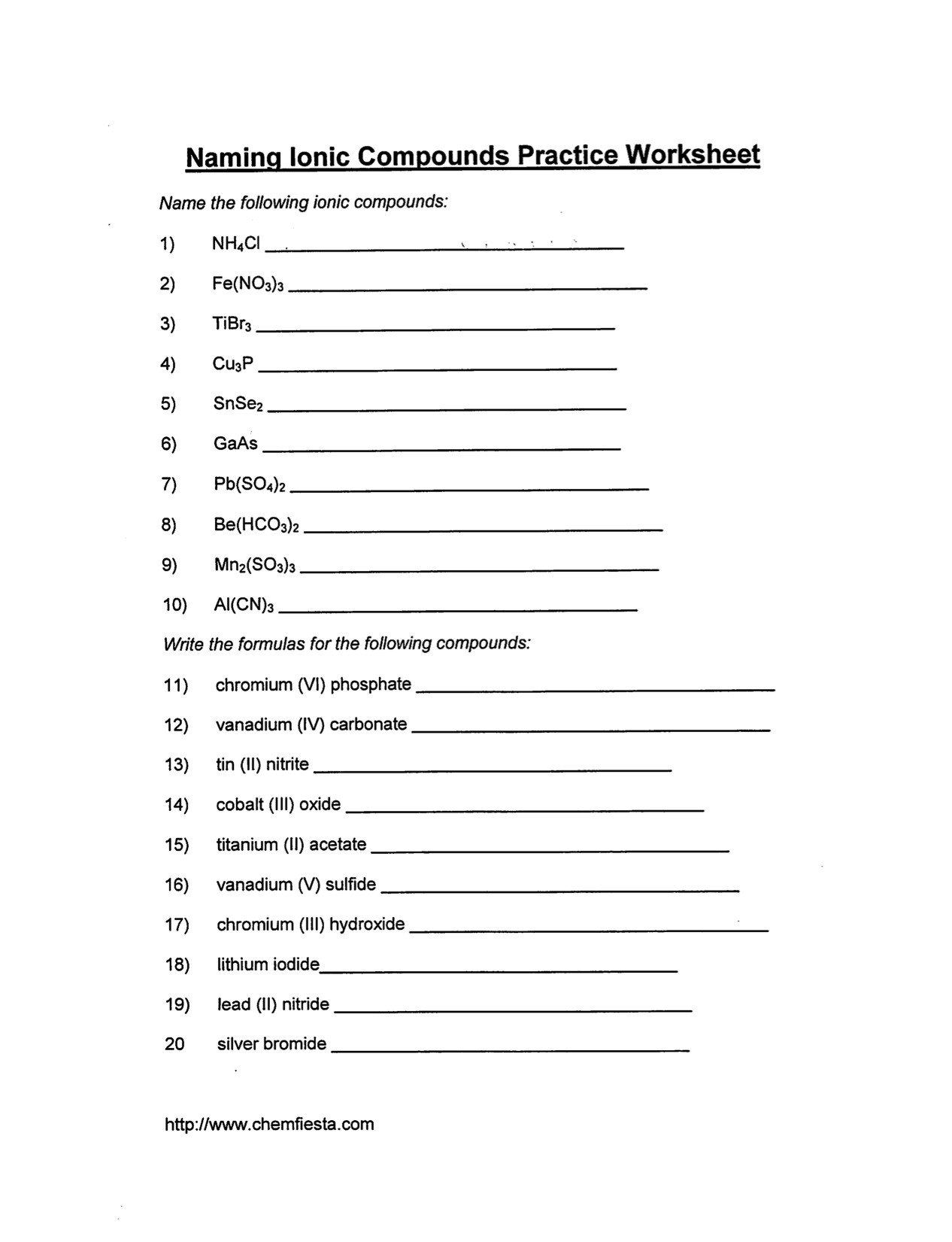 Naming Chemical Compounds Worksheet Name The Following Ionic Compounds 