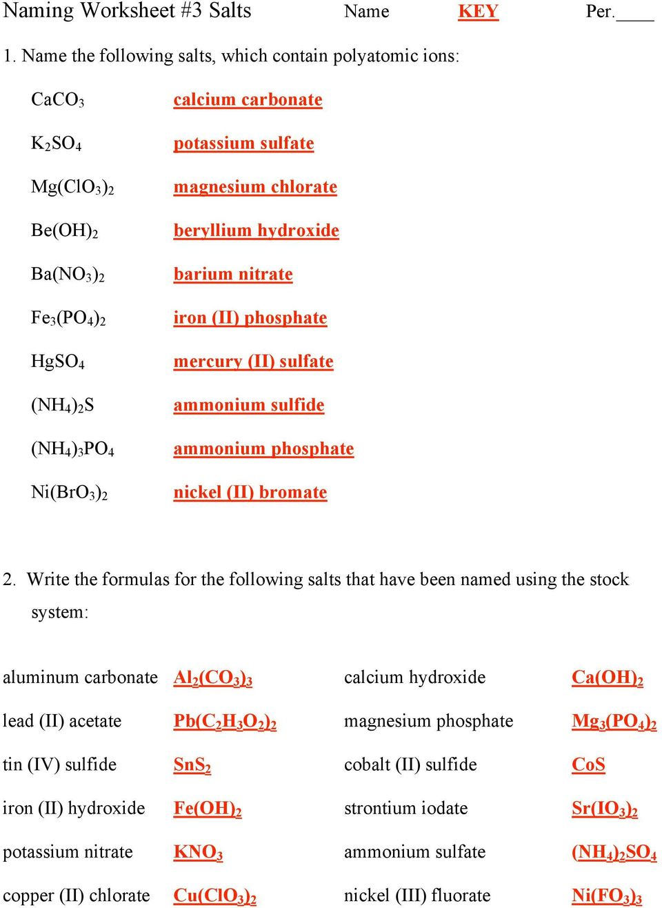 Polyatomic Ions Worksheets Answer Key