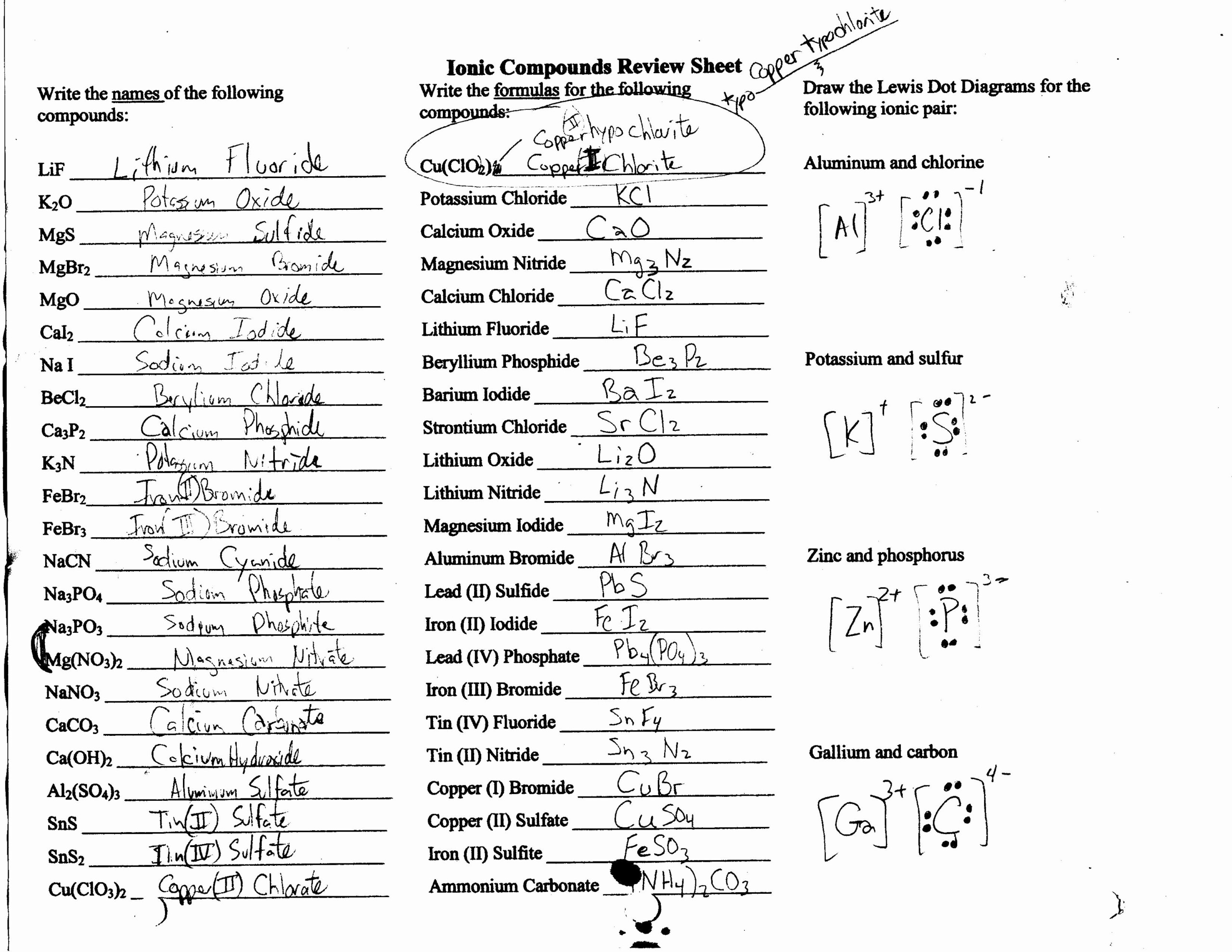 Review Naming Ionic Compounds Worksheet Answer Key