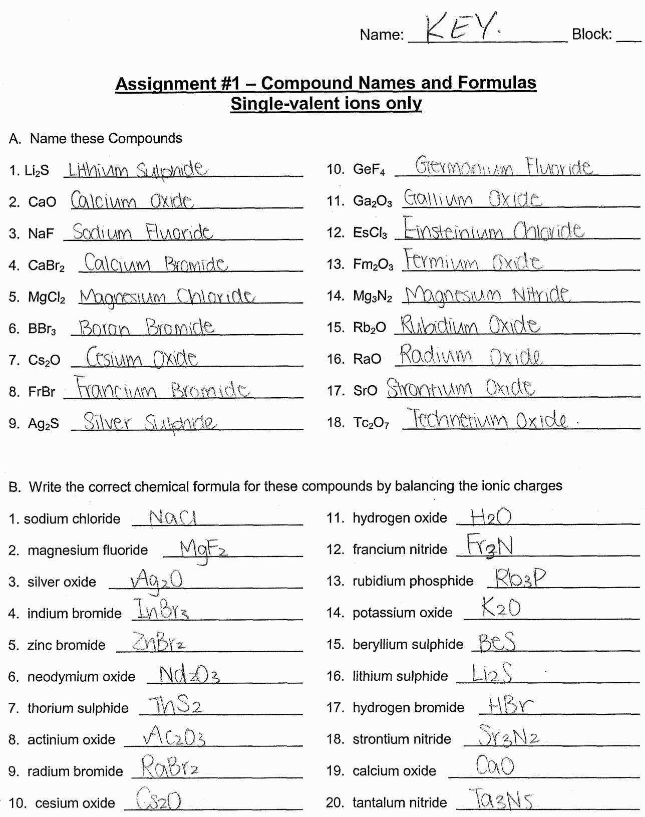 Writing And Naming Binary Ionic Compounds Worksheet Answer Key Cohomemade