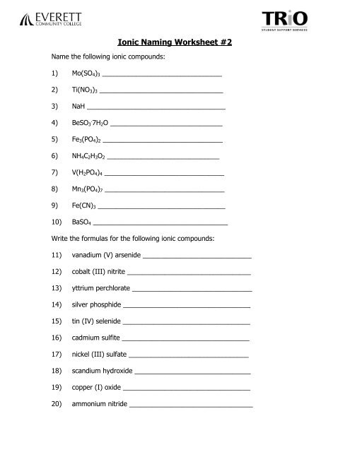 Ionic Compounds Worksheet Naming Ionic Compounds Worksheet 2 Everett