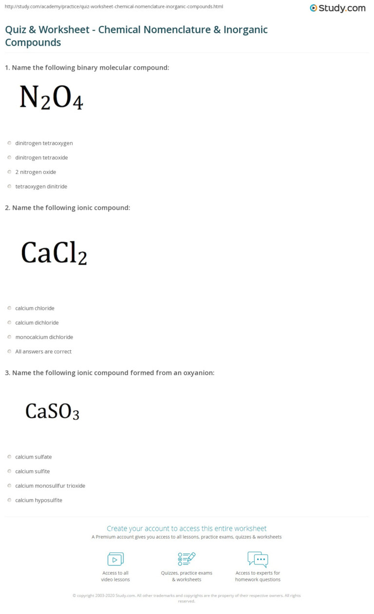 Quiz Worksheet Chemical Nomenclature Inorganic Compounds Study 