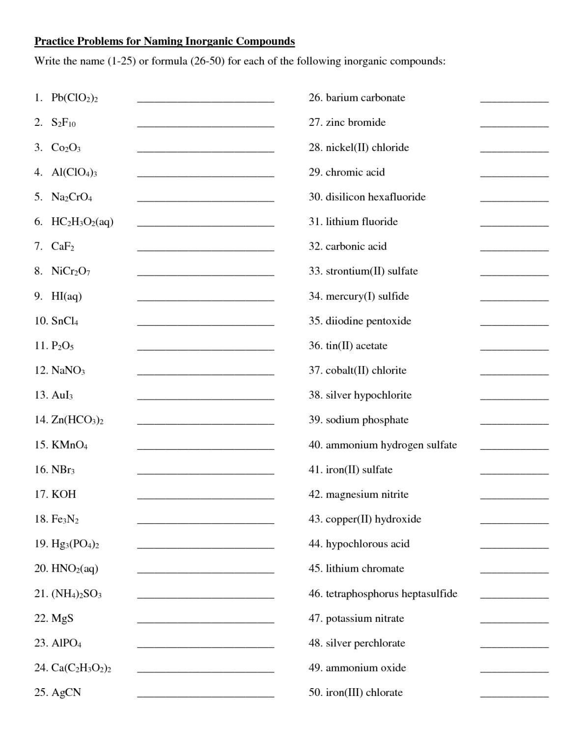 Solution Naming Inorganic Compound Practice Sheet Studypool 