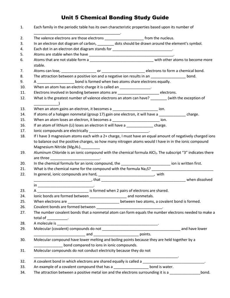 Unit 5 Chemical Bonding Study Guide Each Family In The Periodic